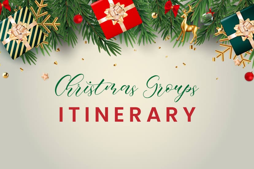Christmas groups itinerary text framed by festive pine branches, gift boxes, ornaments, and a gold reindeer.