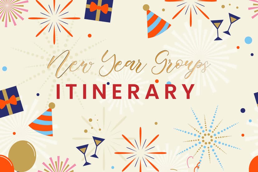 Festive New Year's Eve pattern featuring party hats, fireworks, confetti, and cocktail glasses on a cream background.